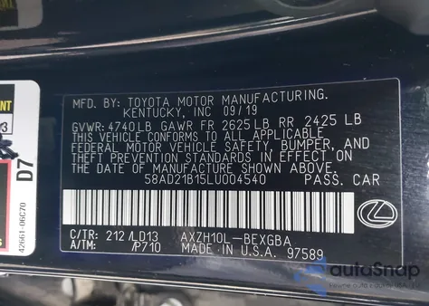 2020 Lexus Es 300H z USA, uszkodzony, nr VIN 58AD21B15LU004540